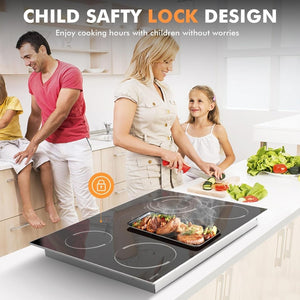 Electric Cooktop 30 Inch - 5 Burners Built - in Ceramic Cooktop, 30" Electric Stove Top with Glass Protection Metal Frame, 9 Heating Level, 8400W, 220 - 240V for Hard Wire(No Plug) - Wigtrends