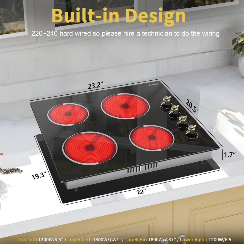 Electric Cooktop 30 Inch - 5 Burners Built - in Ceramic Cooktop, 30" Electric Stove Top with Glass Protection Metal Frame, 9 Heating Level, 8400W, 220 - 240V for Hard Wire(No Plug) - Wigtrends