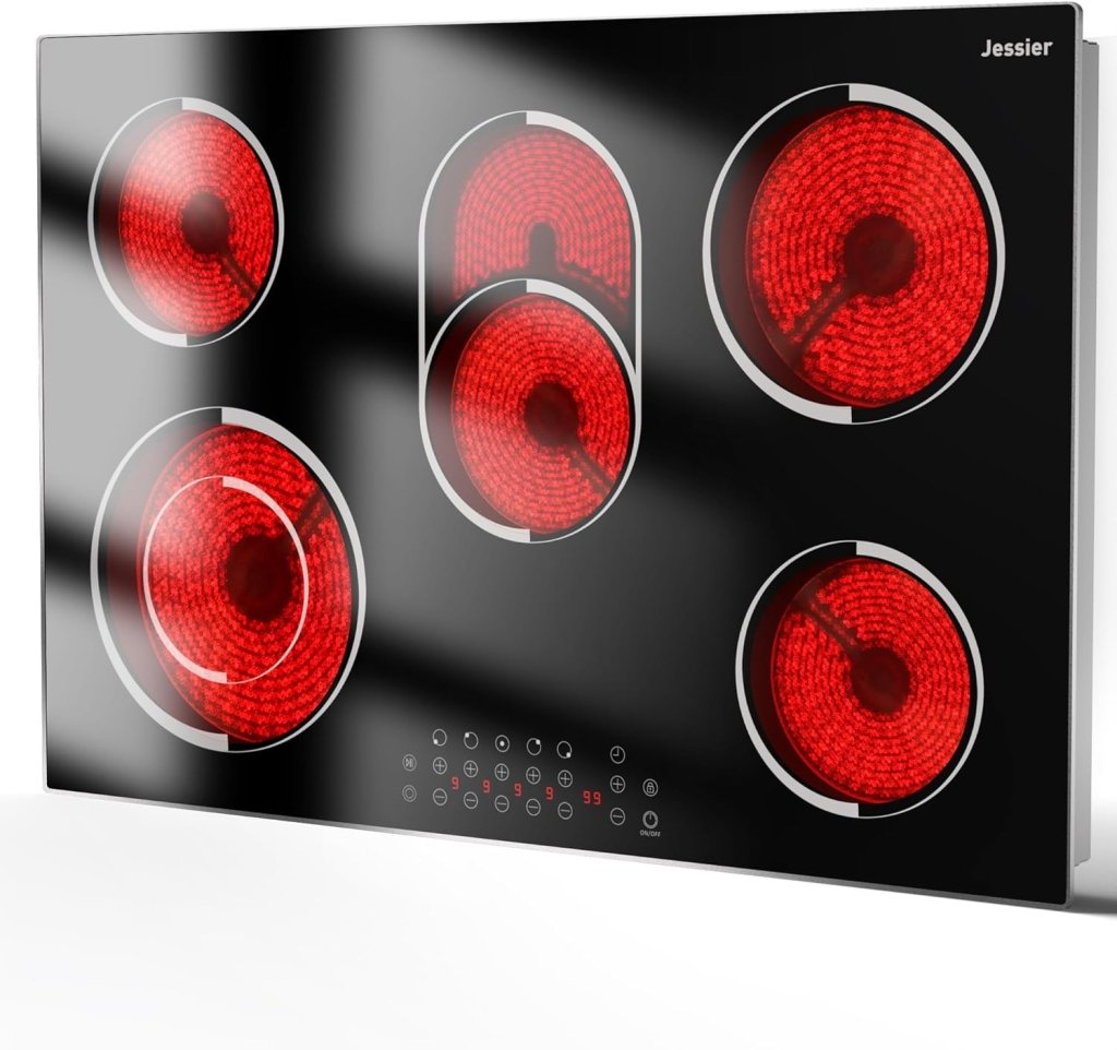 Electric Cooktop 30 Inch - 5 Burners Built - in Ceramic Cooktop, 30" Electric Stove Top with Glass Protection Metal Frame, 9 Heating Level, 8400W, 220 - 240V for Hard Wire(No Plug) - Wigtrends