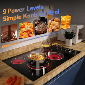 Electric Cooktop 30 Inch - 5 Burners Built - in Ceramic Cooktop, 30" Electric Stove Top with Glass Protection Metal Frame, 9 Heating Level, 8400W, 220 - 240V for Hard Wire(No Plug) - Wigtrends