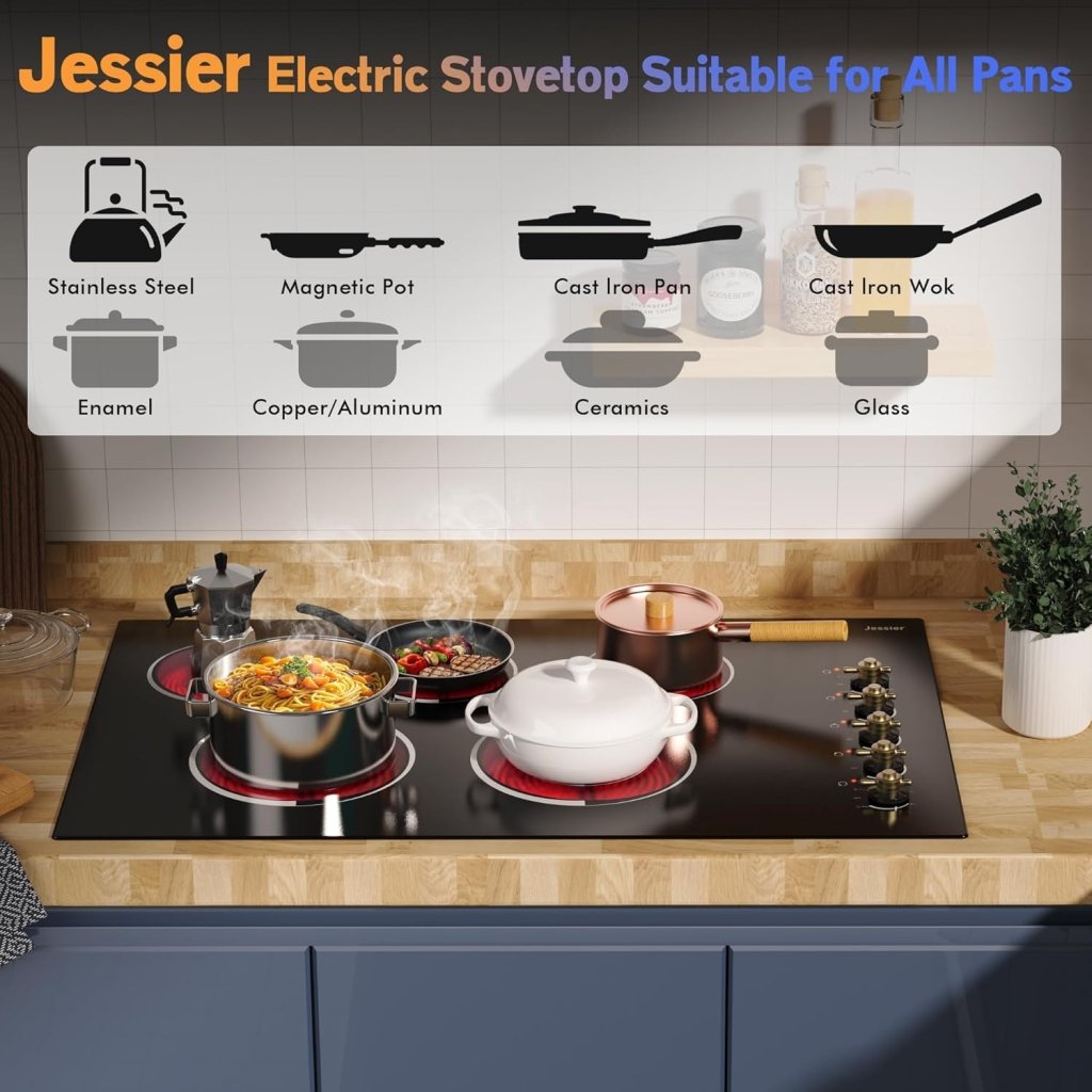 Electric Cooktop 30 Inch - 5 Burners Built - in Ceramic Cooktop, 30" Electric Stove Top with Glass Protection Metal Frame, 9 Heating Level, 8400W, 220 - 240V for Hard Wire(No Plug) - Wigtrends
