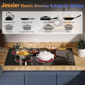 Electric Cooktop 30 Inch - 5 Burners Built - in Ceramic Cooktop, 30" Electric Stove Top with Glass Protection Metal Frame, 9 Heating Level, 8400W, 220 - 240V for Hard Wire(No Plug) - Wigtrends
