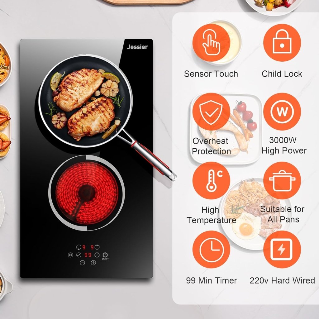 Electric Cooktop 30 Inch - 5 Burners Built - in Ceramic Cooktop, 30" Electric Stove Top with Glass Protection Metal Frame, 9 Heating Level, 8400W, 220 - 240V for Hard Wire(No Plug) - Wigtrends