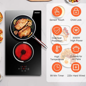Electric Cooktop 30 Inch - 5 Burners Built - in Ceramic Cooktop, 30" Electric Stove Top with Glass Protection Metal Frame, 9 Heating Level, 8400W, 220 - 240V for Hard Wire(No Plug) - Wigtrends