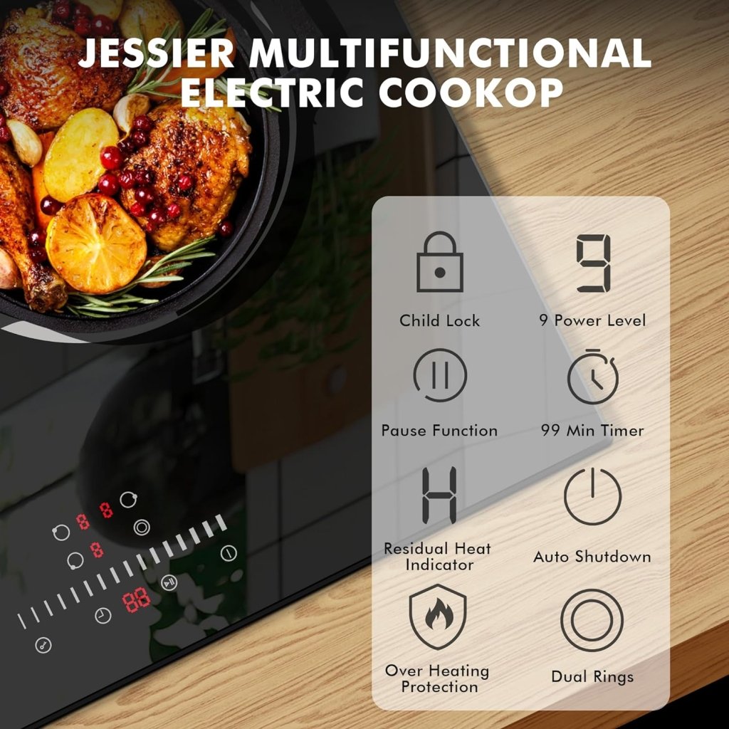 Electric Cooktop 30 Inch - 5 Burners Built - in Ceramic Cooktop, 30" Electric Stove Top with Glass Protection Metal Frame, 9 Heating Level, 8400W, 220 - 240V for Hard Wire(No Plug) - Wigtrends