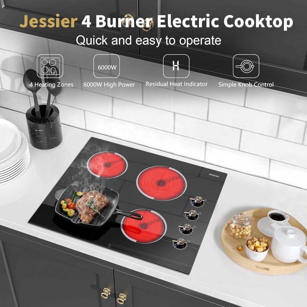 Electric Cooktop 30 Inch - 5 Burners Built - in Ceramic Cooktop, 30" Electric Stove Top with Glass Protection Metal Frame, 9 Heating Level, 8400W, 220 - 240V for Hard Wire(No Plug) - Wigtrends