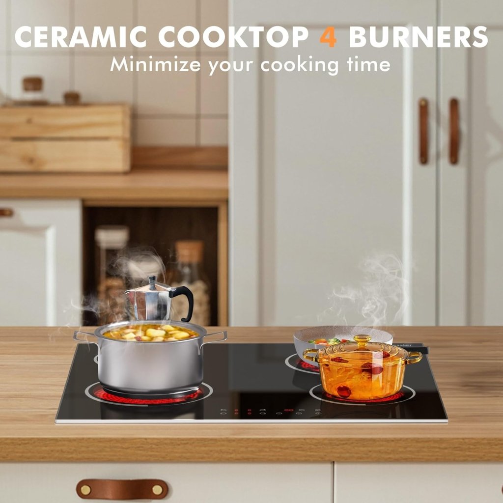 Electric Cooktop 30 Inch - 5 Burners Built - in Ceramic Cooktop, 30" Electric Stove Top with Glass Protection Metal Frame, 9 Heating Level, 8400W, 220 - 240V for Hard Wire(No Plug) - Wigtrends