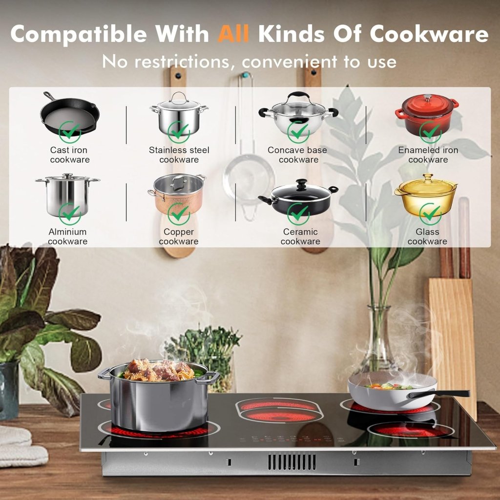Electric Cooktop 30 Inch - 5 Burners Built - in Ceramic Cooktop, 30" Electric Stove Top with Glass Protection Metal Frame, 9 Heating Level, 8400W, 220 - 240V for Hard Wire(No Plug) - Wigtrends