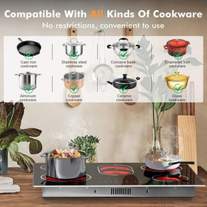 Electric Cooktop 30 Inch - 5 Burners Built - in Ceramic Cooktop, 30" Electric Stove Top with Glass Protection Metal Frame, 9 Heating Level, 8400W, 220 - 240V for Hard Wire(No Plug) - Wigtrends