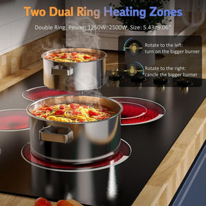 Electric Cooktop 30 Inch - 5 Burners Built - in Ceramic Cooktop, 30" Electric Stove Top with Glass Protection Metal Frame, 9 Heating Level, 8400W, 220 - 240V for Hard Wire(No Plug) - Wigtrends