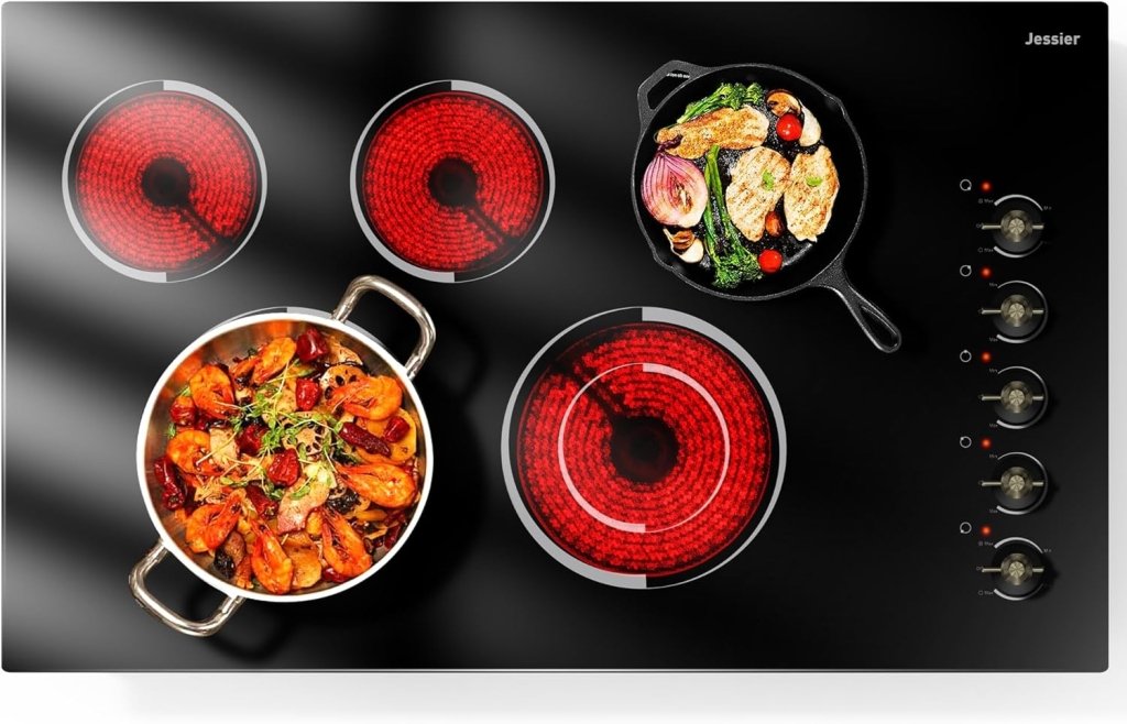 Electric Cooktop 30 Inch - 5 Burners Built - in Ceramic Cooktop, 30" Electric Stove Top with Glass Protection Metal Frame, 9 Heating Level, 8400W, 220 - 240V for Hard Wire(No Plug) - Wigtrends