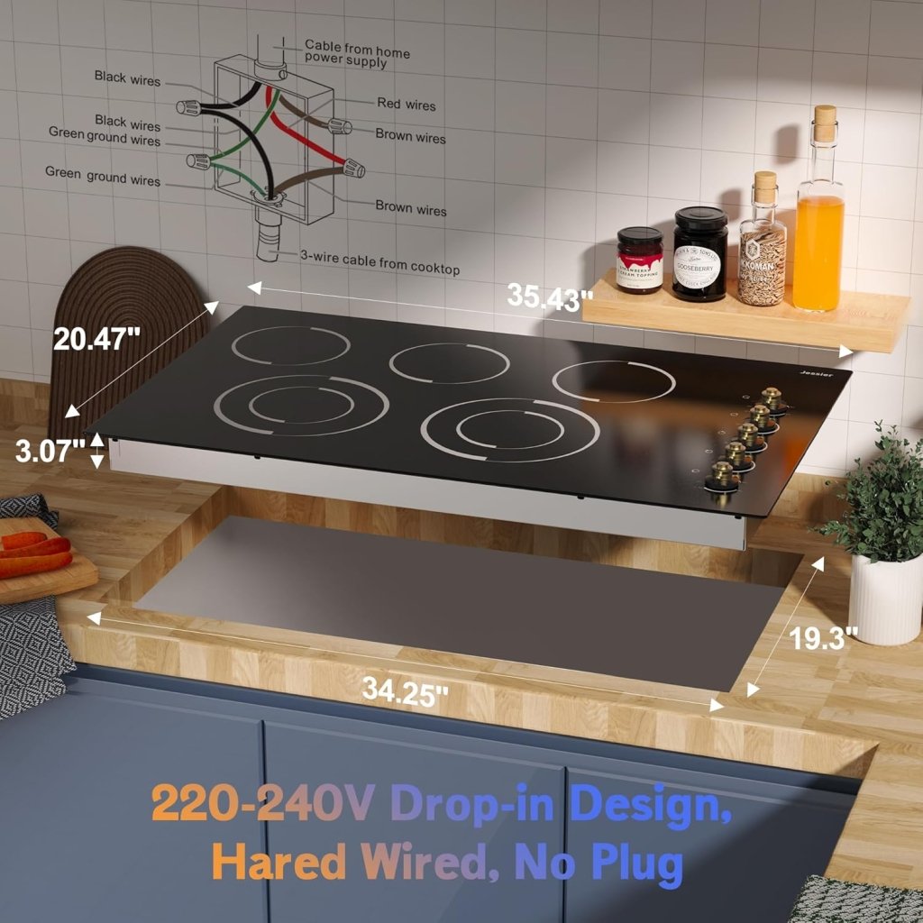 Electric Cooktop 30 Inch - 5 Burners Built - in Ceramic Cooktop, 30" Electric Stove Top with Glass Protection Metal Frame, 9 Heating Level, 8400W, 220 - 240V for Hard Wire(No Plug) - Wigtrends