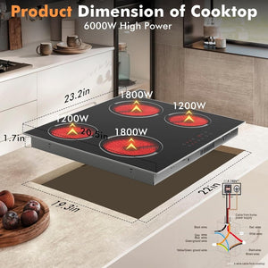 Electric Cooktop 30 Inch - 5 Burners Built - in Ceramic Cooktop, 30" Electric Stove Top with Glass Protection Metal Frame, 9 Heating Level, 8400W, 220 - 240V for Hard Wire(No Plug) - Wigtrends