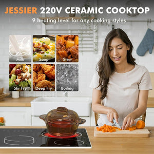 Electric Cooktop 30 Inch - 5 Burners Built - in Ceramic Cooktop, 30" Electric Stove Top with Glass Protection Metal Frame, 9 Heating Level, 8400W, 220 - 240V for Hard Wire(No Plug) - Wigtrends