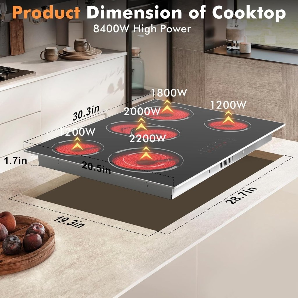 Electric Cooktop 30 Inch - 5 Burners Built - in Ceramic Cooktop, 30" Electric Stove Top with Glass Protection Metal Frame, 9 Heating Level, 8400W, 220 - 240V for Hard Wire(No Plug) - Wigtrends