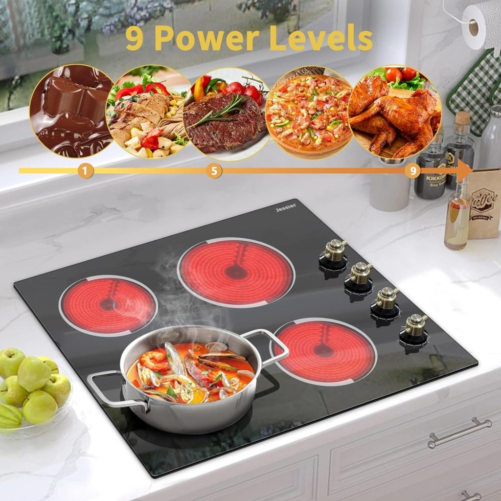 Electric Cooktop 30 Inch - 5 Burners Built - in Ceramic Cooktop, 30" Electric Stove Top with Glass Protection Metal Frame, 9 Heating Level, 8400W, 220 - 240V for Hard Wire(No Plug) - Wigtrends