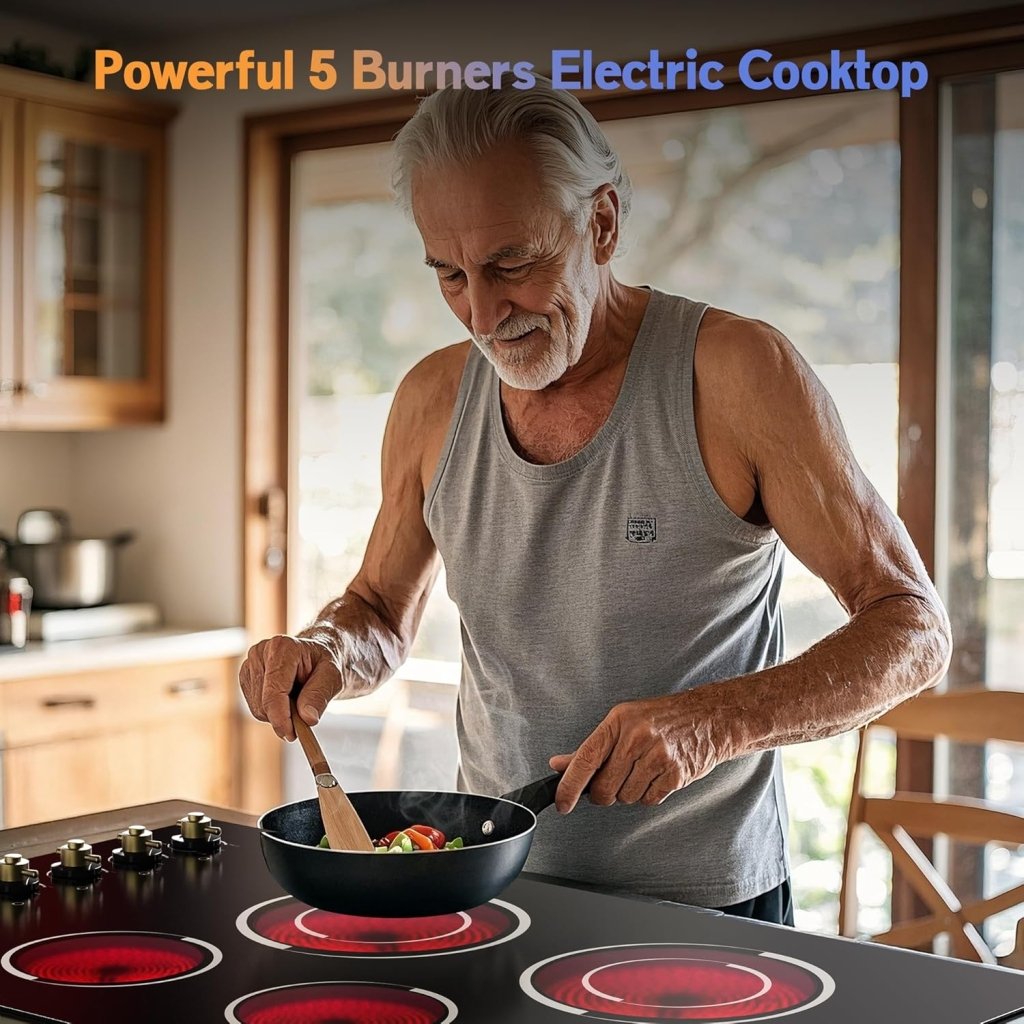 Electric Cooktop 30 Inch - 5 Burners Built - in Ceramic Cooktop, 30" Electric Stove Top with Glass Protection Metal Frame, 9 Heating Level, 8400W, 220 - 240V for Hard Wire(No Plug) - Wigtrends