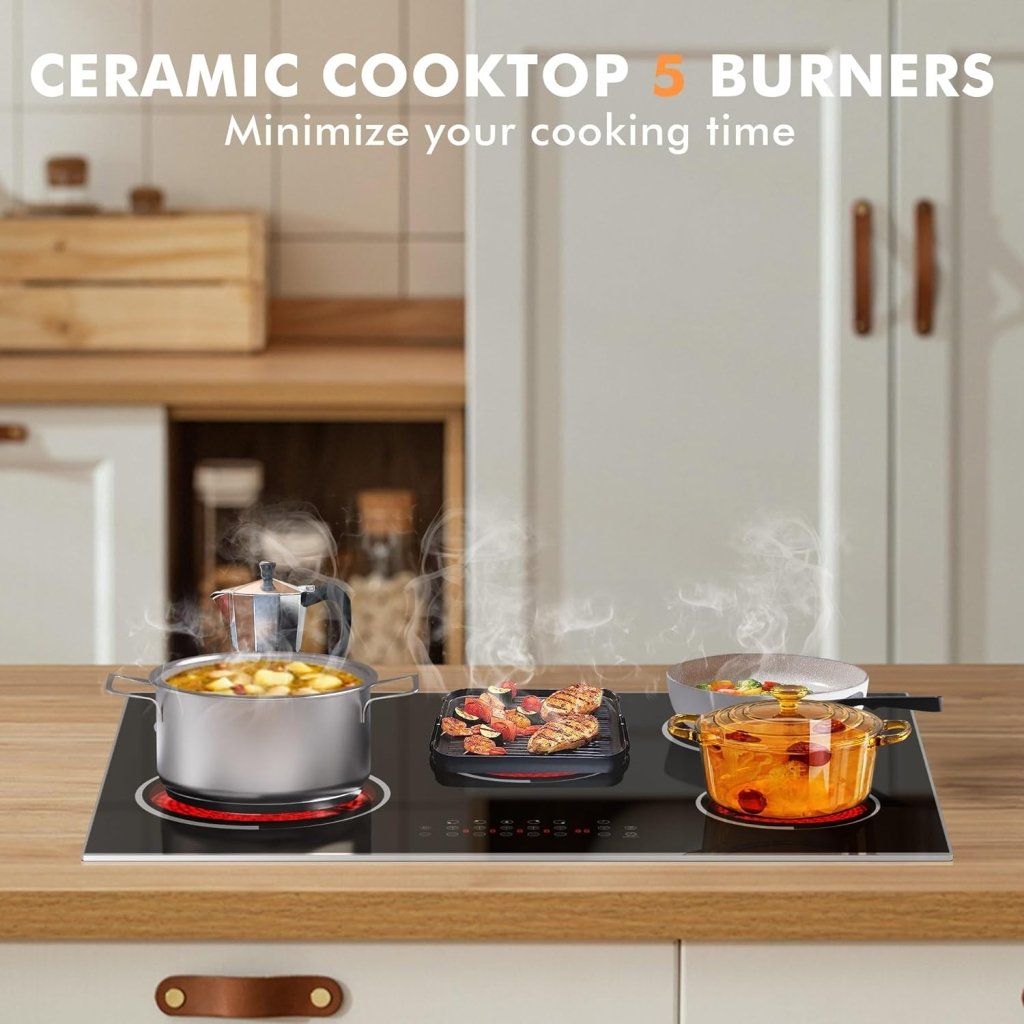 Electric Cooktop 30 Inch - 5 Burners Built - in Ceramic Cooktop, 30" Electric Stove Top with Glass Protection Metal Frame, 9 Heating Level, 8400W, 220 - 240V for Hard Wire(No Plug) - Wigtrends