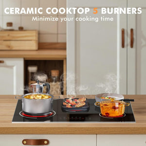Electric Cooktop 30 Inch - 5 Burners Built - in Ceramic Cooktop, 30" Electric Stove Top with Glass Protection Metal Frame, 9 Heating Level, 8400W, 220 - 240V for Hard Wire(No Plug) - Wigtrends
