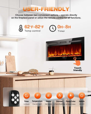 Electric Fireplace 60Inch,Wall Mounted Electric Fireplace Heater with Timer Inserts，TV Stand Touch Screen and Realistic Flame,Log Set,Crystal Flames 750 to 1500W，Remote for Living Room - Wigtrends