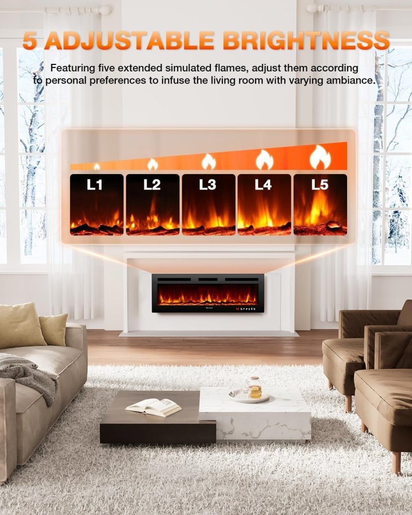 Electric Fireplace 60Inch,Wall Mounted Electric Fireplace Heater with Timer Inserts，TV Stand Touch Screen and Realistic Flame,Log Set,Crystal Flames 750 to 1500W，Remote for Living Room - Wigtrends