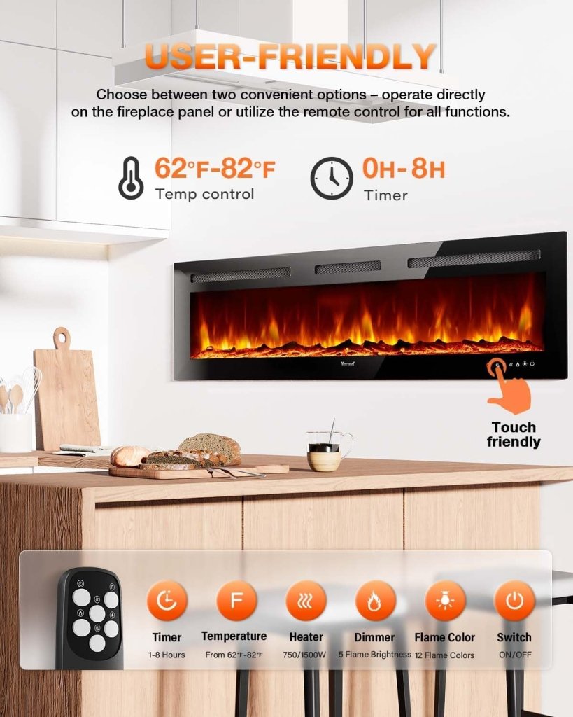 Electric Fireplace 60Inch,Wall Mounted Electric Fireplace Heater with Timer Inserts，TV Stand Touch Screen and Realistic Flame,Log Set,Crystal Flames 750 to 1500W，Remote for Living Room - Wigtrends