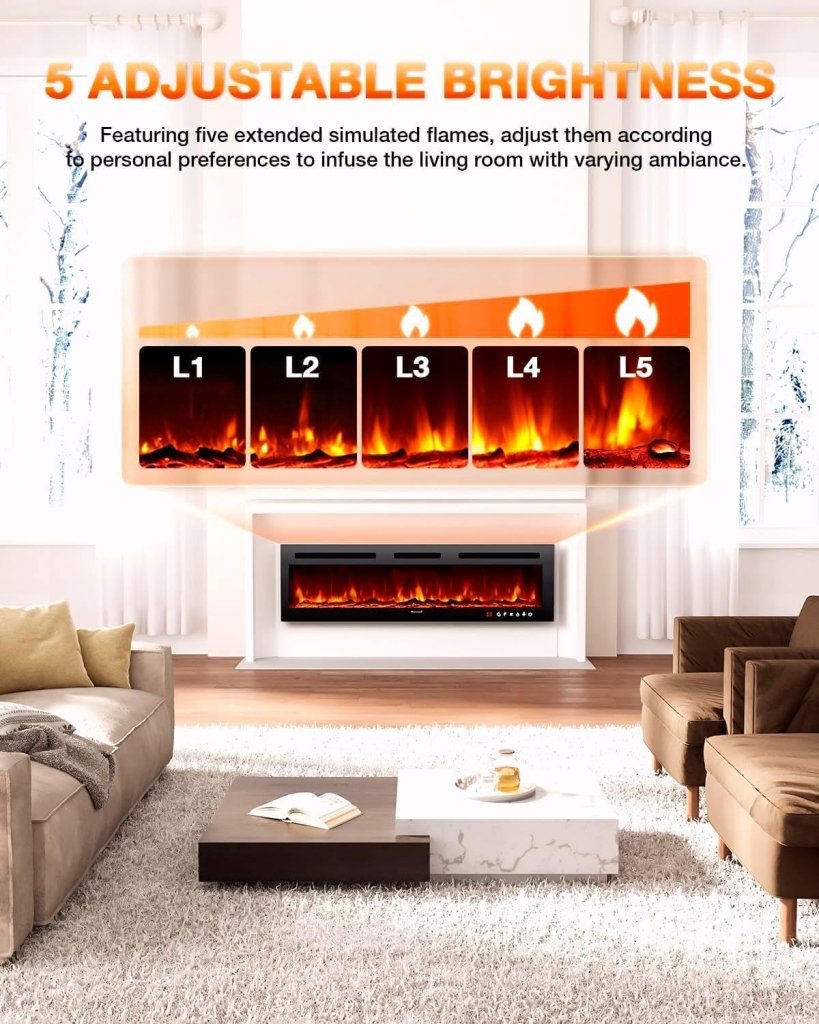 Electric Fireplace 60Inch,Wall Mounted Electric Fireplace Heater with Timer Inserts，TV Stand Touch Screen and Realistic Flame,Log Set,Crystal Flames 750 to 1500W，Remote for Living Room - Wigtrends
