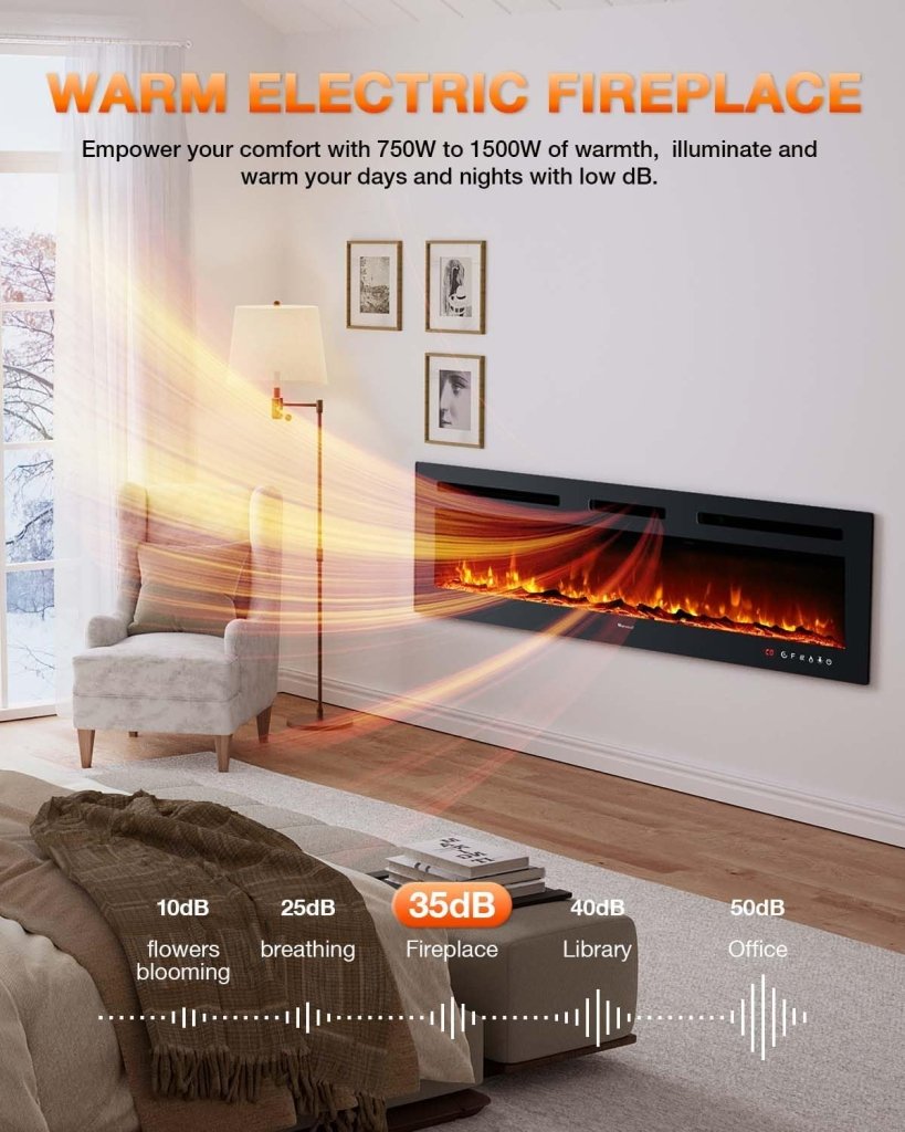 Electric Fireplace 60Inch,Wall Mounted Electric Fireplace Heater with Timer Inserts，TV Stand Touch Screen and Realistic Flame,Log Set,Crystal Flames 750 to 1500W，Remote for Living Room - Wigtrends