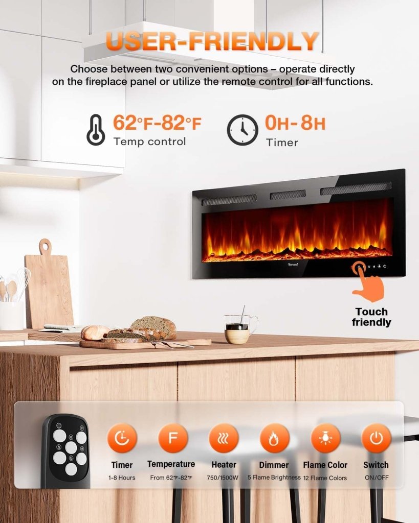 Electric Fireplace 60Inch,Wall Mounted Electric Fireplace Heater with Timer Inserts，TV Stand Touch Screen and Realistic Flame,Log Set,Crystal Flames 750 to 1500W，Remote for Living Room - Wigtrends