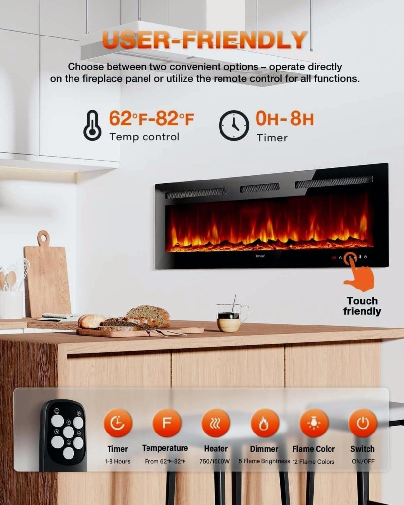 Electric Fireplace 60Inch,Wall Mounted Electric Fireplace Heater with Timer Inserts，TV Stand Touch Screen and Realistic Flame,Log Set,Crystal Flames 750 to 1500W，Remote for Living Room - Wigtrends