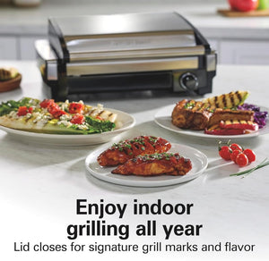 Electric Indoor Searing Grill with Viewing Window & Adjustable Temperature Control to 450F, 118 sq. in. Surface Serves 6, PFAS - Free Removable Nonstick Grate, Stainless Steel - Wigtrends