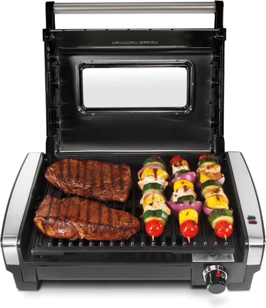 Electric Indoor Searing Grill with Viewing Window & Adjustable Temperature Control to 450F, 118 sq. in. Surface Serves 6, PFAS - Free Removable Nonstick Grate, Stainless Steel - Wigtrends