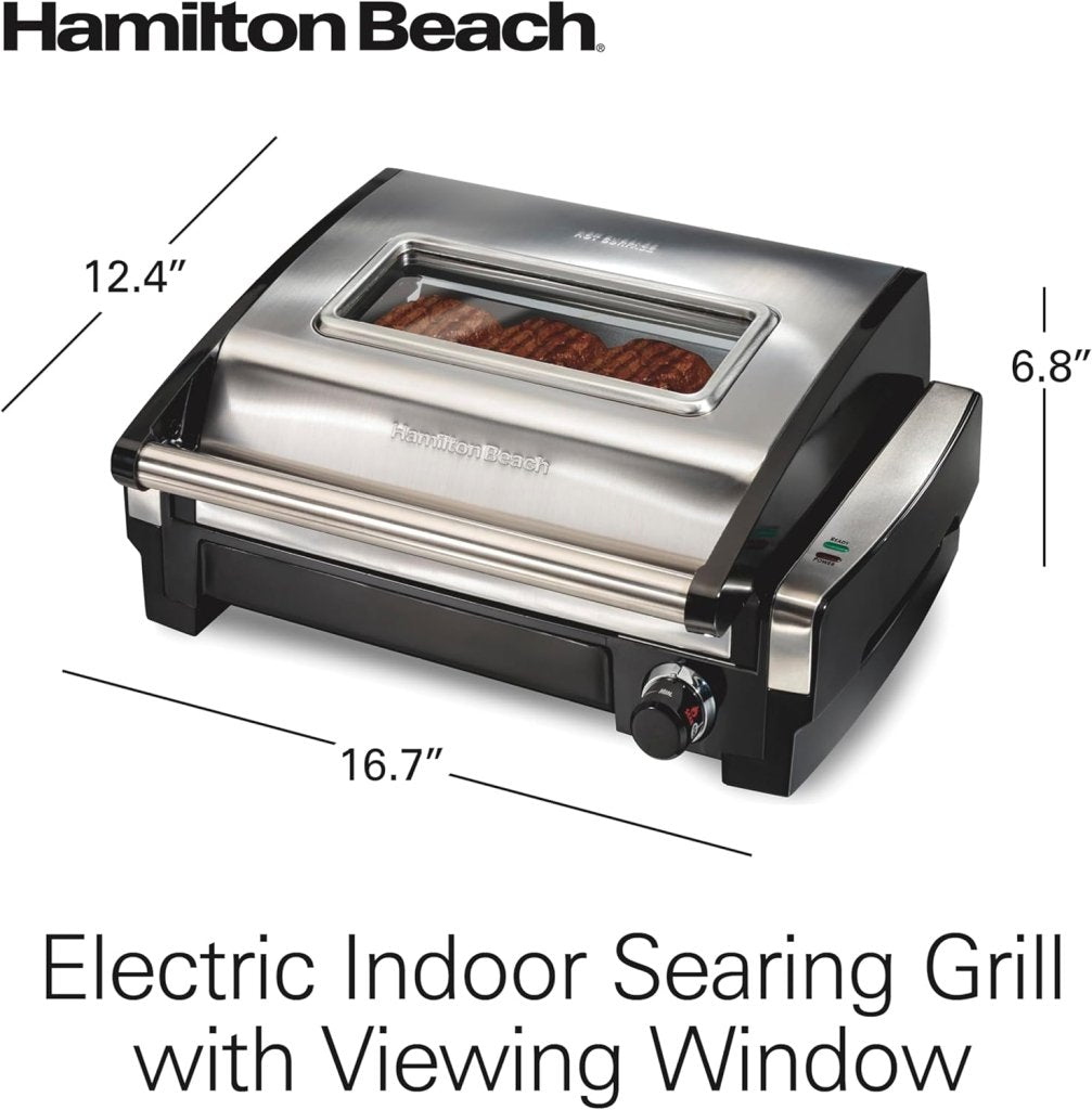 Electric Indoor Searing Grill with Viewing Window & Adjustable Temperature Control to 450F, 118 sq. in. Surface Serves 6, PFAS - Free Removable Nonstick Grate, Stainless Steel - Wigtrends