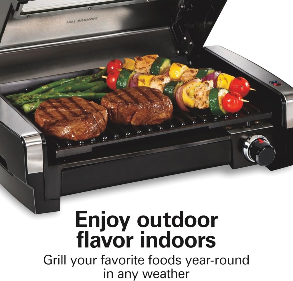 Electric Indoor Searing Grill with Viewing Window & Adjustable Temperature Control to 450F, 118 sq. in. Surface Serves 6, PFAS - Free Removable Nonstick Grate, Stainless Steel - Wigtrends