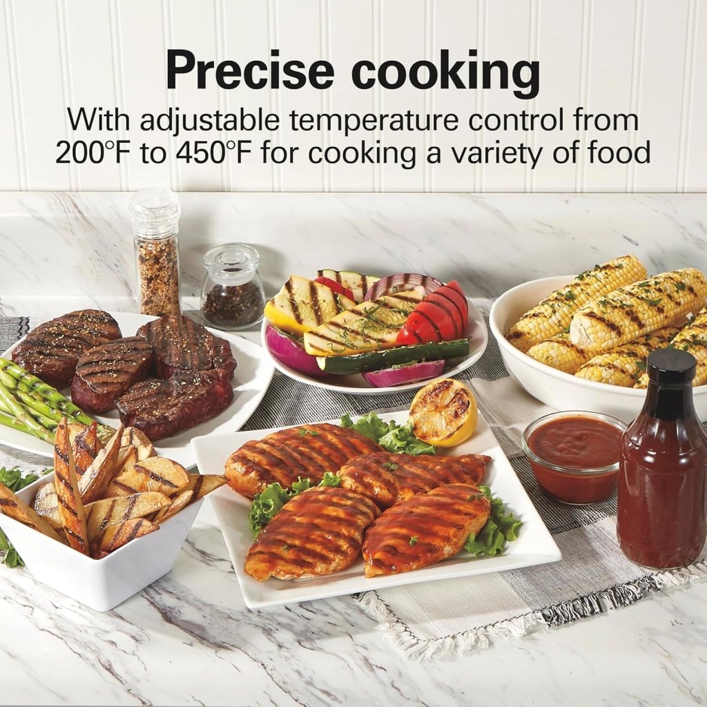 Electric Indoor Searing Grill with Viewing Window & Adjustable Temperature Control to 450F, 118 sq. in. Surface Serves 6, PFAS - Free Removable Nonstick Grate, Stainless Steel - Wigtrends