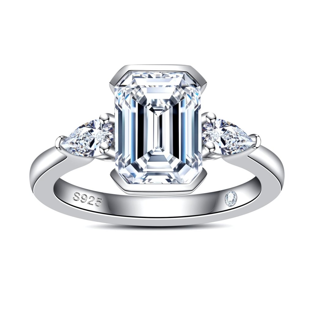 Emerald Cut Moissanite Engagement Ring 3.6cttw(3CT Center Stone) D Color VVS1 925 Sterling Silver 3 Stones Half Bezel Promise Wedding Rings for Women with Certificate - Wigtrends
