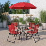 EMMA + OLIVER 6 Piece Brown Patio Garden Set with Umbrella Table and Set of 4 Folding Chairs - Wigtrends