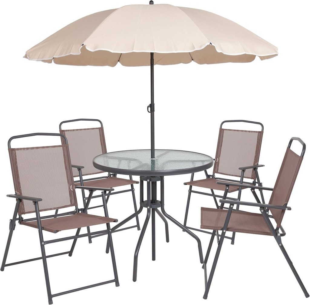 EMMA + OLIVER 6 Piece Brown Patio Garden Set with Umbrella Table and Set of 4 Folding Chairs - Wigtrends