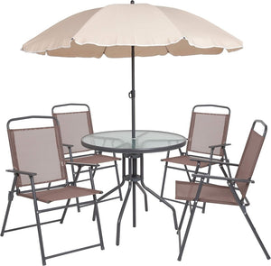EMMA + OLIVER 6 Piece Brown Patio Garden Set with Umbrella Table and Set of 4 Folding Chairs - Wigtrends