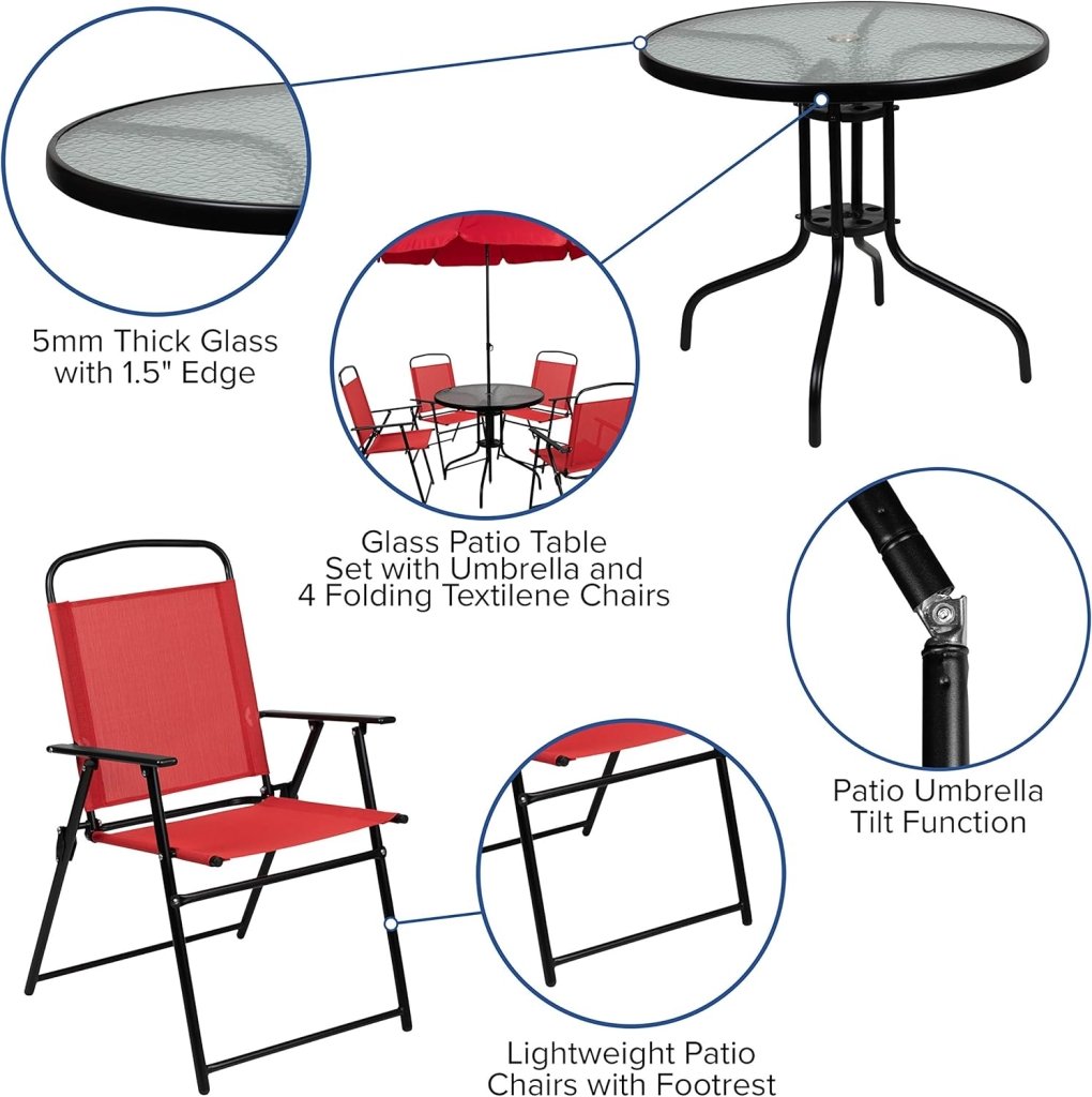 EMMA + OLIVER 6 Piece Brown Patio Garden Set with Umbrella Table and Set of 4 Folding Chairs - Wigtrends