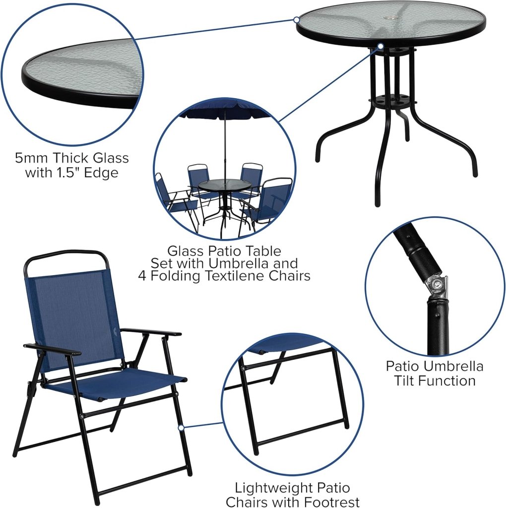 EMMA + OLIVER 6 Piece Brown Patio Garden Set with Umbrella Table and Set of 4 Folding Chairs - Wigtrends