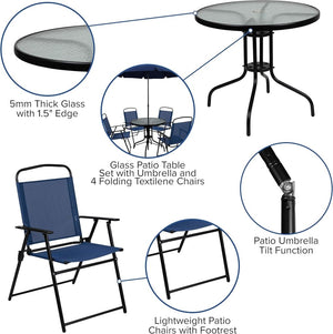 EMMA + OLIVER 6 Piece Brown Patio Garden Set with Umbrella Table and Set of 4 Folding Chairs - Wigtrends
