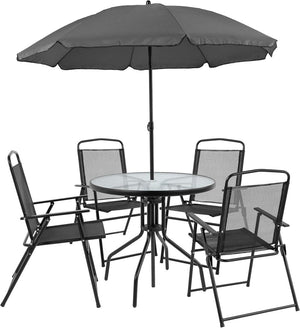 EMMA + OLIVER 6 Piece Brown Patio Garden Set with Umbrella Table and Set of 4 Folding Chairs - Wigtrends
