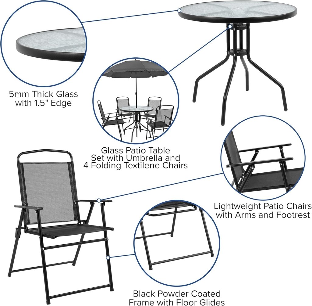 EMMA + OLIVER 6 Piece Brown Patio Garden Set with Umbrella Table and Set of 4 Folding Chairs - Wigtrends