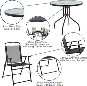 EMMA + OLIVER 6 Piece Brown Patio Garden Set with Umbrella Table and Set of 4 Folding Chairs - Wigtrends
