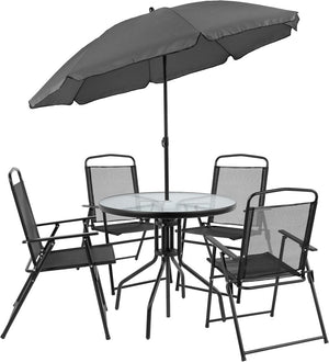EMMA + OLIVER 6 Piece Brown Patio Garden Set with Umbrella Table and Set of 4 Folding Chairs - Wigtrends