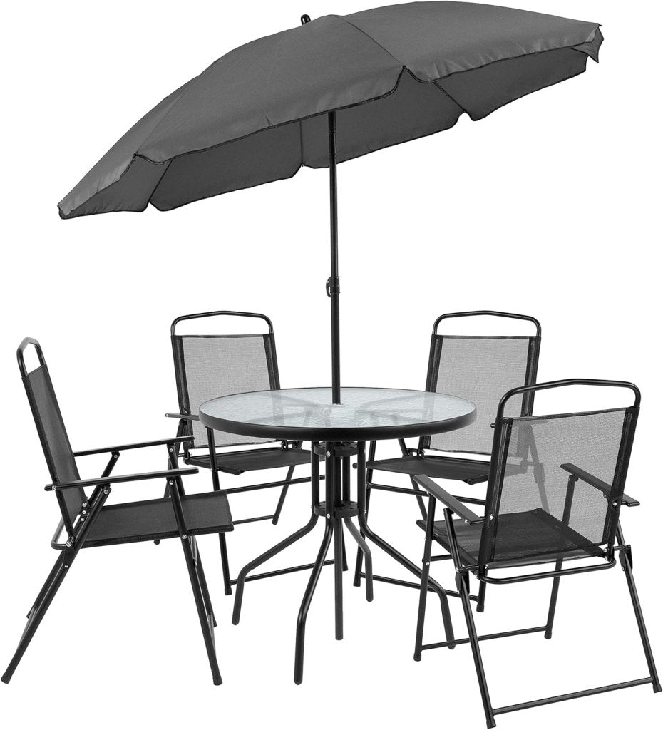 EMMA + OLIVER 6 Piece Brown Patio Garden Set with Umbrella Table and Set of 4 Folding Chairs - Wigtrends