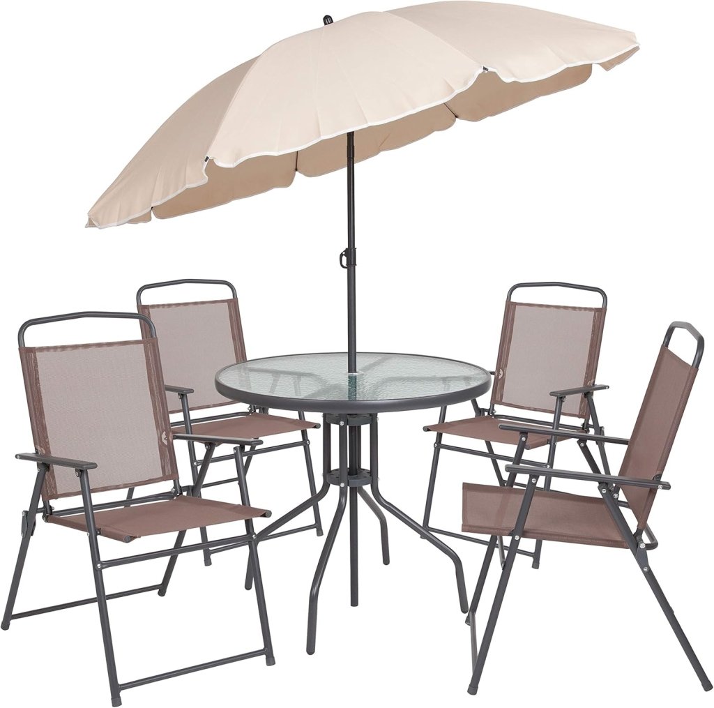 EMMA + OLIVER 6 Piece Brown Patio Garden Set with Umbrella Table and Set of 4 Folding Chairs - Wigtrends