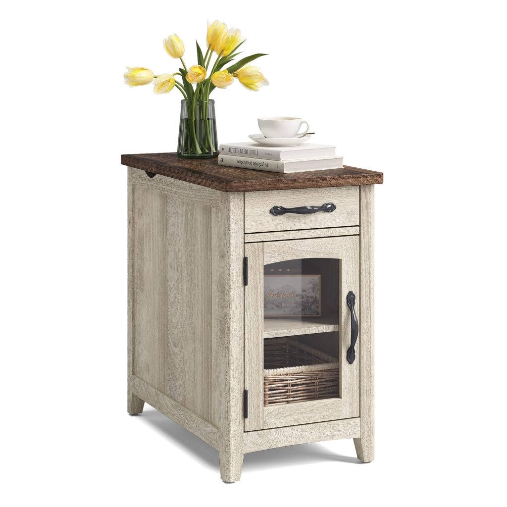 End Table with Charging Station, Side Table for Bedroom with Drawer and Detachable Holder - Wigtrends