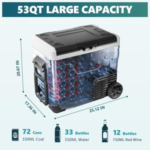 EUHOMY 12 Volt Refrigerator, 53QT(50L) Electric Cooler, Portable Freezer 12V/24V DC 110 - 240V AC, 12V Fridge - 4℉~68℉, 12V Cooler with Wheels & 2 Baskets for Travel, Truck, Boat, Camping - Wigtrends